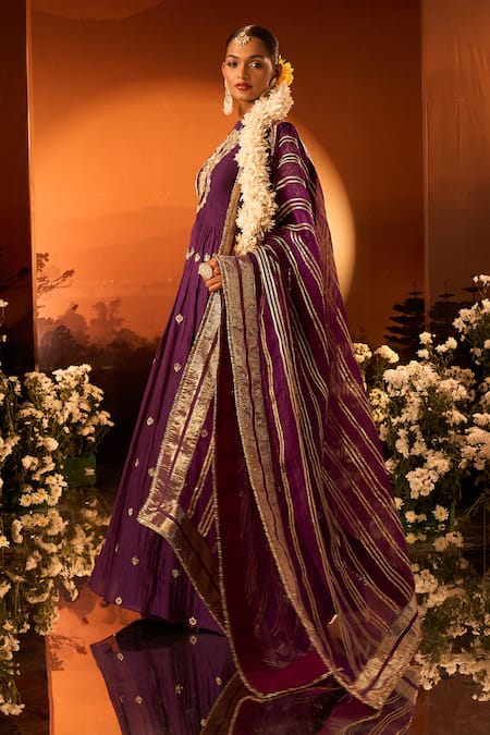 Shop Neha Khullar X AZA Purple Silk, Chanderi, Organza Sequins, Embroidery, Zari Round Neck Anarkali Set Online at Aza Fashions Shop_Neha Khullar X AZA_Purple Silk, Chanderi, Organza Sequins, Embroidery, Zari Round Neck Anarkali Set _Online_at_Aza_Fashions