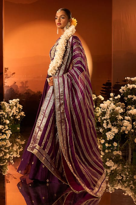 Shop Neha Khullar X AZA Purple Silk, Chanderi, Organza Sequins, Embroidery, Zari Round Neck Anarkali Set Shop_Neha Khullar X AZA_Purple Silk, Chanderi, Organza Sequins, Embroidery, Zari Round Neck Anarkali Set