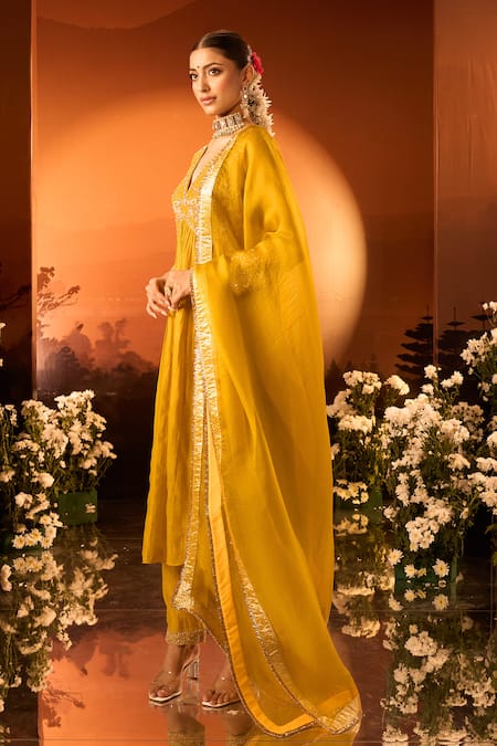Buy_Neha Khullar X AZA_Yellow Silk, Chanderi, Organza Embroidery Anarkali Set With Pant And Dupatta _Online_at_Aza_Fashions