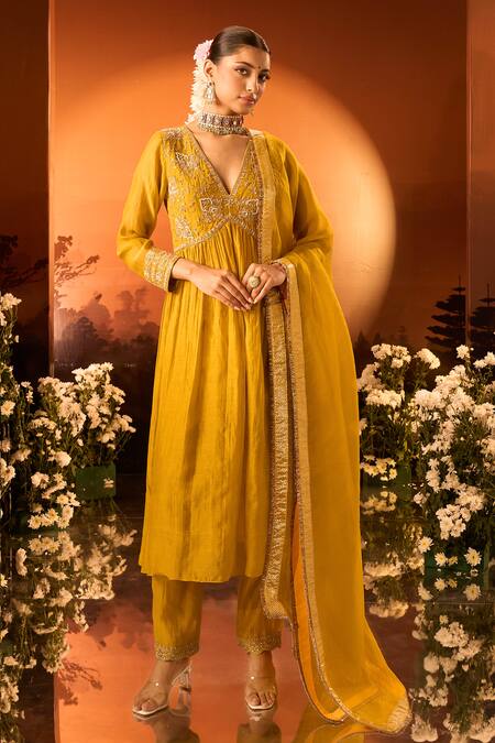 Shop_Neha Khullar X AZA_Yellow Silk, Chanderi, Organza Embroidery Anarkali Set With Pant And Dupatta _Online_at_Aza_Fashions