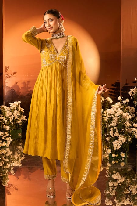 Neha Khullar X AZA_Yellow Silk, Chanderi, Organza Embroidery Anarkali Set With Pant And Dupatta _at_Aza_Fashions