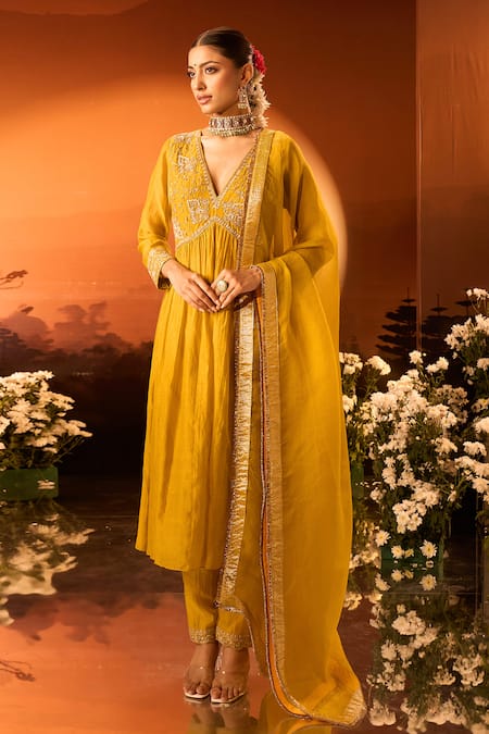 Shop_Neha Khullar X AZA_Yellow Silk, Chanderi, Organza Embroidery Anarkali Set With Pant And Dupatta 