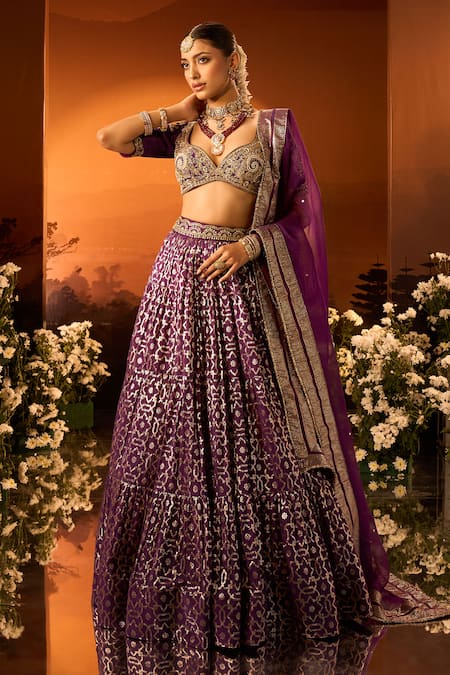 Neha Khullar X AZA Purple Organza Embroidery Plunge Neck Banarasi Chanderi Lehenga Set at Aza Fashions Neha Khullar X AZA_Purple Organza Embroidery Plunge Neck Banarasi Chanderi Lehenga Set _at_Aza_Fashions