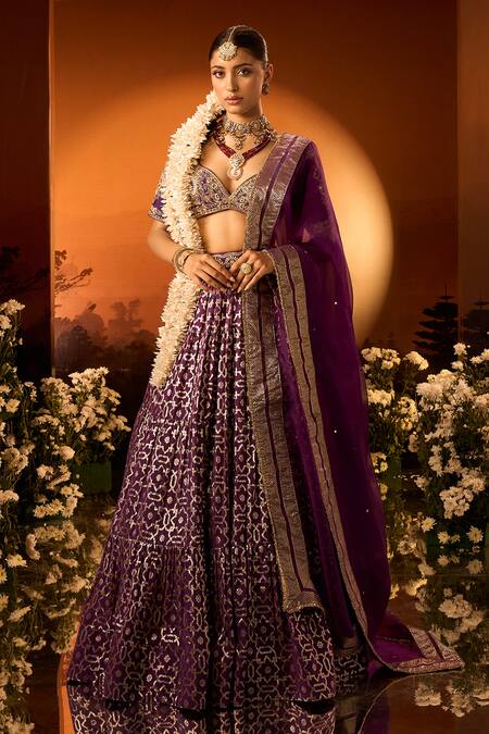 Buy Neha Khullar X AZA Purple Organza Embroidery Plunge Neck Banarasi Chanderi Lehenga Set Buy_Neha Khullar X AZA_Purple Organza Embroidery Plunge Neck Banarasi Chanderi Lehenga Set