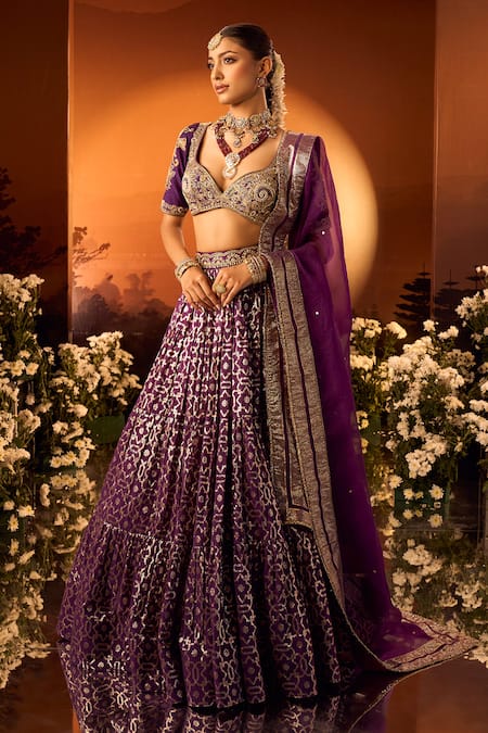 Shop Neha Khullar X AZA Purple Organza Embroidery Plunge Neck Banarasi Chanderi Lehenga Set Shop_Neha Khullar X AZA_Purple Organza Embroidery Plunge Neck Banarasi Chanderi Lehenga Set