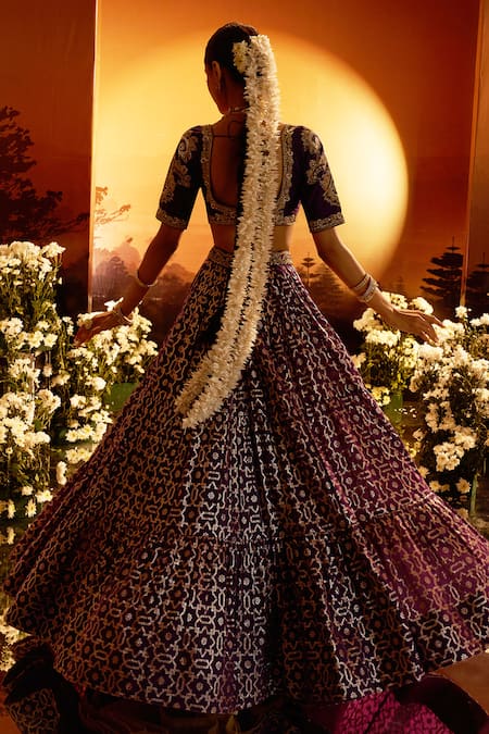 Shop Neha Khullar X AZA Purple Organza Embroidery Plunge Neck Banarasi Chanderi Lehenga Set at Aza Fashions Shop_Neha Khullar X AZA_Purple Organza Embroidery Plunge Neck Banarasi Chanderi Lehenga Set _at_Aza_Fashions