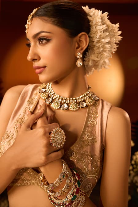 Neha Khullar X AZA_Pink Organza Sequins, Embroidery V-neck Banarasi Chanderi Lehenga Set _Online_at_Aza_Fashions