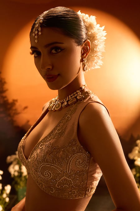 Buy_Neha Khullar X AZA_Pink Organza Sequins, Embroidery V-neck Banarasi Chanderi Lehenga Set _Online_at_Aza_Fashions