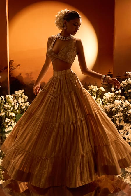 Shop_Neha Khullar X AZA_Pink Organza Sequins, Embroidery V-neck Banarasi Chanderi Lehenga Set _Online_at_Aza_Fashions