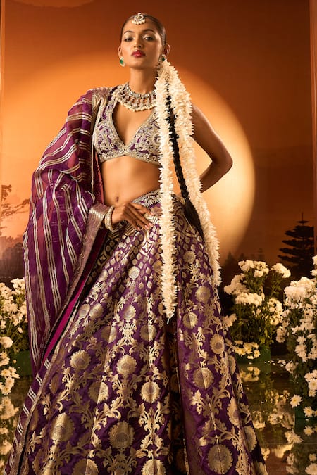 Shop_Neha Khullar X AZA_Purple Organza Embroidery Plunge Neck Banarasi Chanderi Lehenga Set _Online_at_Aza_Fashions