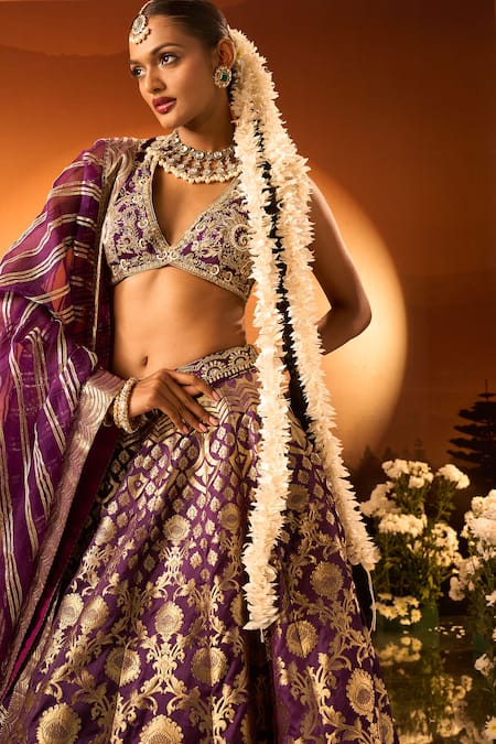 Neha Khullar X AZA_Purple Organza Embroidery Plunge Neck Banarasi Chanderi Lehenga Set _at_Aza_Fashions
