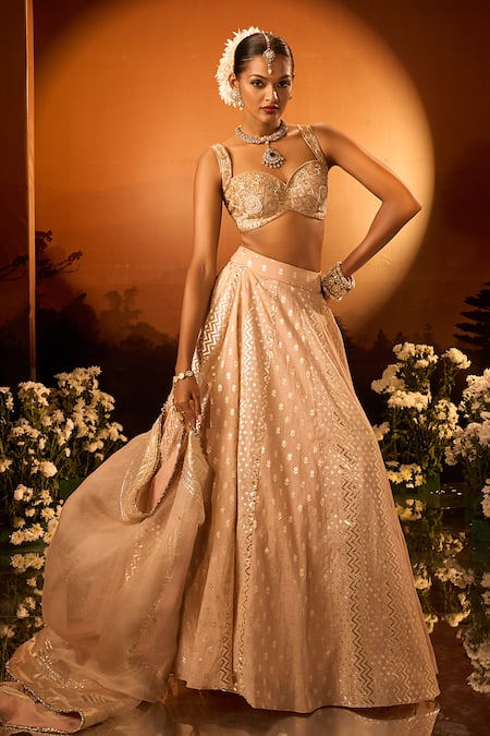 Shop Neha Khullar X AZA Pink Organza Sequins, Embroidery Round Neck Banarasi Chanderi Lehenga Set Shop_Neha Khullar X AZA_Pink Organza Sequins, Embroidery Round Neck Banarasi Chanderi Lehenga Set