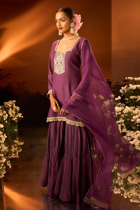 Shop Neha Khullar X AZA Purple Chanderi, Silk, Organza Embroidery Kurta Gharara Set Online at Aza Fashions Shop_Neha Khullar X AZA_Purple Chanderi, Silk, Organza Embroidery Kurta Gharara Set _Online_at_Aza_Fashions