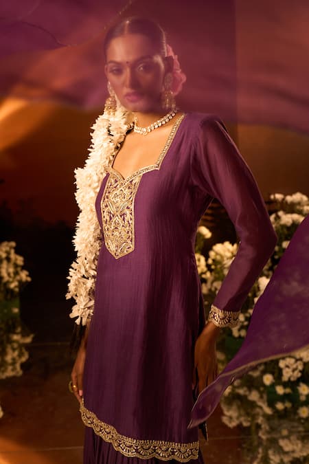 Neha Khullar X AZA Purple Chanderi, Silk, Organza Embroidery Kurta Gharara Set at Aza Fashions Neha Khullar X AZA_Purple Chanderi, Silk, Organza Embroidery Kurta Gharara Set _at_Aza_Fashions
