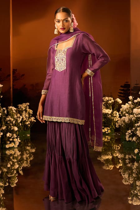 Buy Neha Khullar X AZA Purple Chanderi, Silk, Organza Embroidery Kurta Gharara Set Buy_Neha Khullar X AZA_Purple Chanderi, Silk, Organza Embroidery Kurta Gharara Set