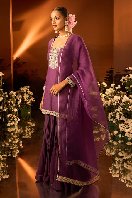 Shop Neha Khullar X AZA Purple Chanderi, Silk, Organza Embroidery Kurta Gharara Set Shop_Neha Khullar X AZA_Purple Chanderi, Silk, Organza Embroidery Kurta Gharara Set
