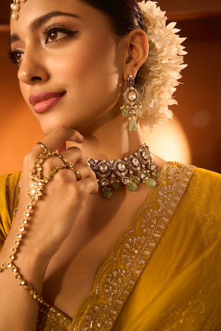 Buy_Neha Khullar X AZA_Yellow Organza, Silk, Chanderi Embroidery Plunge Neck Saree Set _Online_at_Aza_Fashions