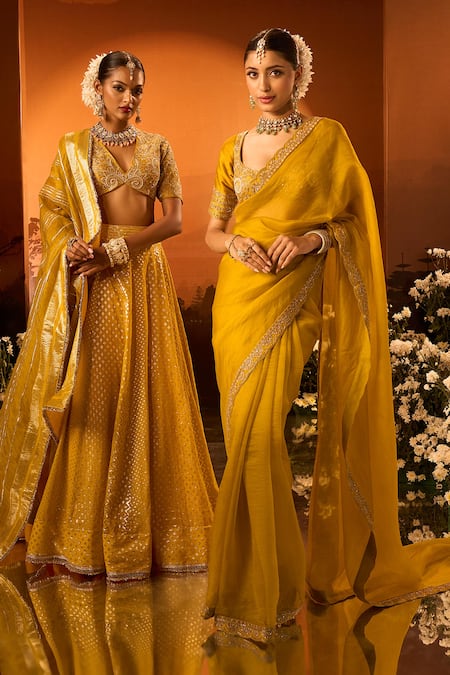 Shop_Neha Khullar X AZA_Yellow Organza, Silk, Chanderi Embroidery Plunge Neck Saree Set _Online_at_Aza_Fashions