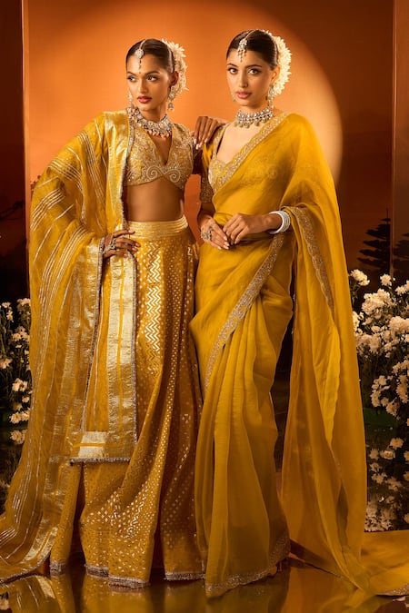 Neha Khullar X AZA_Yellow Organza, Silk, Chanderi Embroidery Plunge Neck Saree Set _at_Aza_Fashions