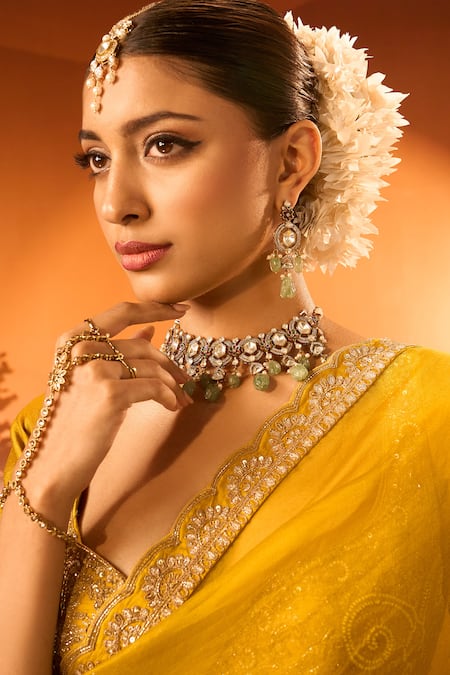 Buy_Neha Khullar X AZA_Yellow Organza, Silk, Chanderi Embroidery Plunge Neck Saree Set 