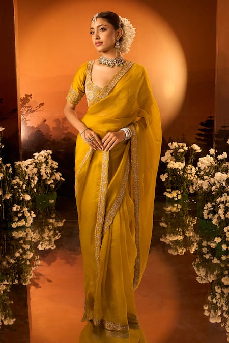 Shop_Neha Khullar X AZA_Yellow Organza, Silk, Chanderi Embroidery Plunge Neck Saree Set 