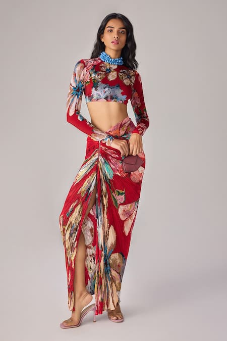 Shop Saaksha & Kinni Red Lycra Boat Neck Floral Print Long Sleeve Blouse Shop_Saaksha & Kinni_Red Lycra Boat Neck Floral Print Long Sleeve Blouse