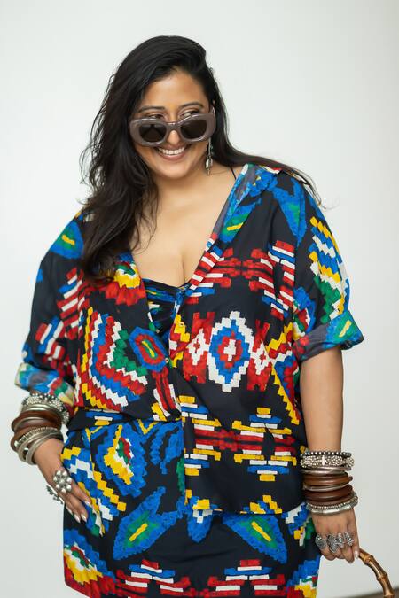 Shop Saaksha & Kinni Multi Color Cotton Collared Aztec Print Shirt Shop_Saaksha & Kinni_Multi Color Cotton Collared Aztec Print Shirt