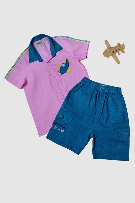 Petite Pomme_Pink Cotton Embroidery Shirt And Blue Shorts Set_Online_at_Aza_Fashions