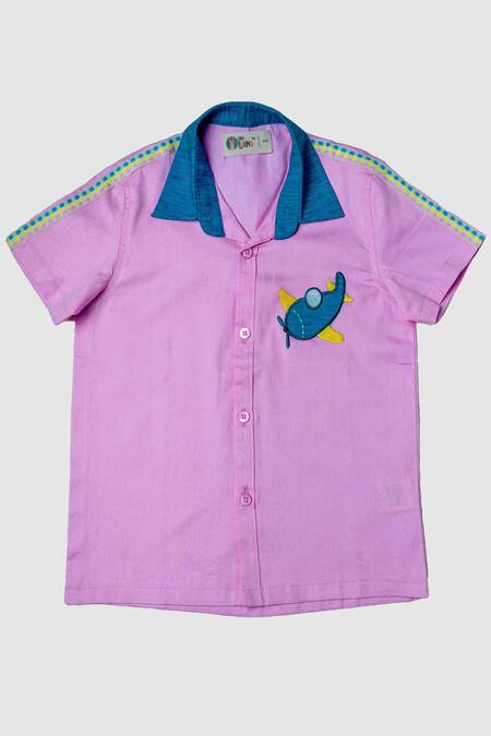 Shop_Petite Pomme_Pink Cotton Embroidery Shirt And Blue Shorts Set_Online_at_Aza_Fashions