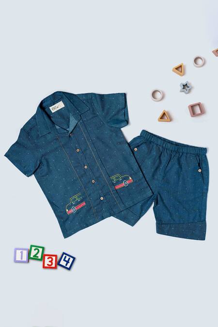 Petite Pomme Blue Cotton Embroidery Car Shirt And Shorts Online at Aza Fashions Petite Pomme_Blue Cotton Embroidery Car Shirt And Shorts_Online_at_Aza_Fashions