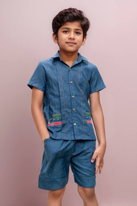 Shop Petite Pomme Blue Cotton Embroidery Car Shirt And Shorts at Aza Fashions Shop_Petite Pomme_Blue Cotton Embroidery Car Shirt And Shorts_at_Aza_Fashions