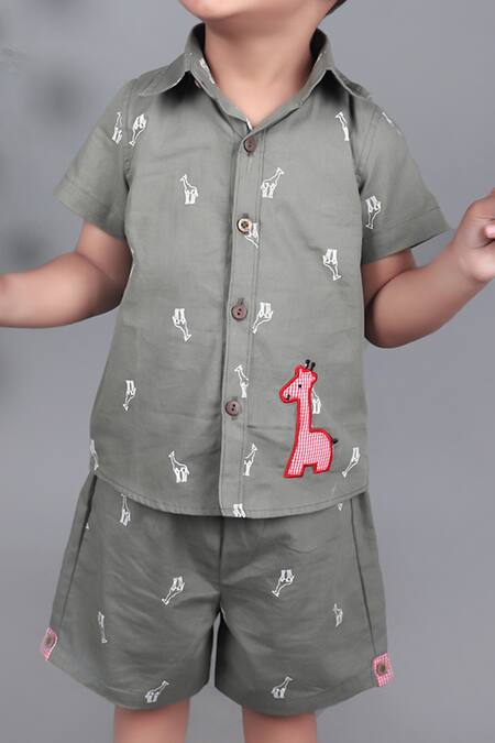 Petite Pomme_Gray Cotton Embroidery Khaki Grey Shirt And Shorts Set_Online_at_Aza_Fashions