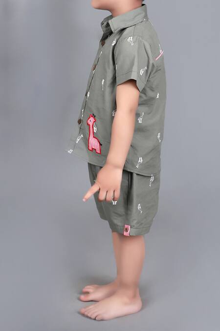Buy_Petite Pomme_Gray Cotton Embroidery Khaki Grey Shirt And Shorts Set_Online_at_Aza_Fashions