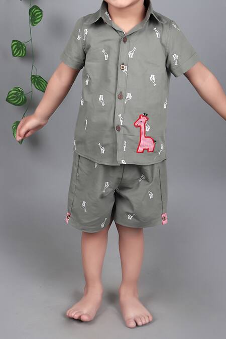 Shop_Petite Pomme_Gray Cotton Embroidery Khaki Grey Shirt And Shorts Set_Online_at_Aza_Fashions