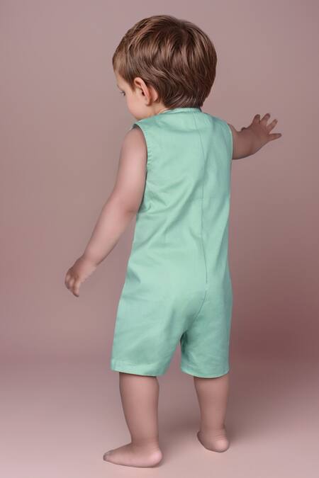 Shop Petite Pomme Green Cotton Dinosaur Print Romper at Aza Fashions Shop_Petite Pomme_Green Cotton Dinosaur Print Romper_at_Aza_Fashions