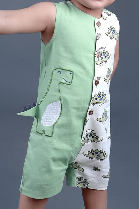 Petite Pomme Green Cotton Dinosaur Print Romper Online at Aza Fashions Petite Pomme_Green Cotton Dinosaur Print Romper_Online_at_Aza_Fashions