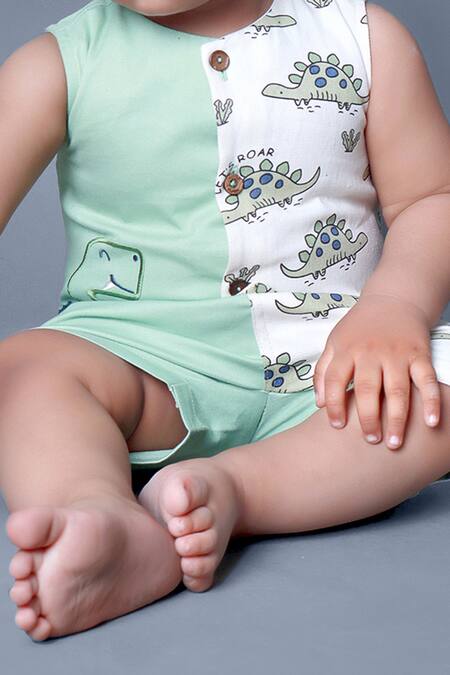 Buy Petite Pomme Green Cotton Dinosaur Print Romper Online at Aza Fashions Buy_Petite Pomme_Green Cotton Dinosaur Print Romper_Online_at_Aza_Fashions
