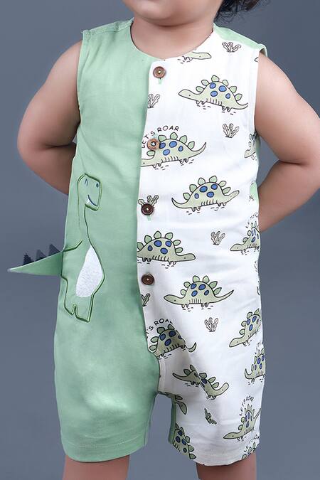 Shop Petite Pomme Green Cotton Dinosaur Print Romper Online at Aza Fashions Shop_Petite Pomme_Green Cotton Dinosaur Print Romper_Online_at_Aza_Fashions