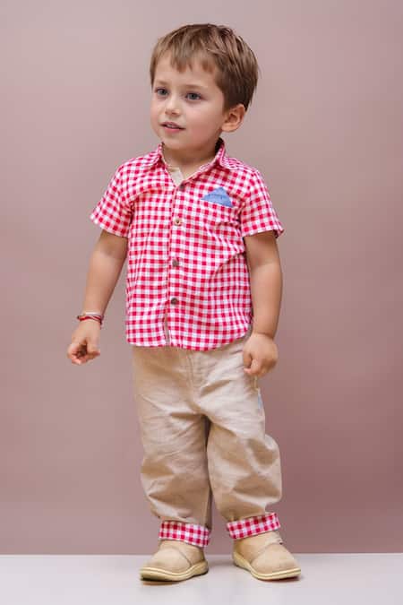 Arihant Rai Sinha Red Checkered Shirt & Beige Pants Set 