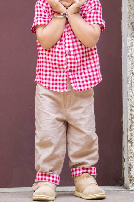 Buy_Petite Pomme_Red Cotton Embroidery Checkered Shirt And Beige Pants Set_Online_at_Aza_Fashions