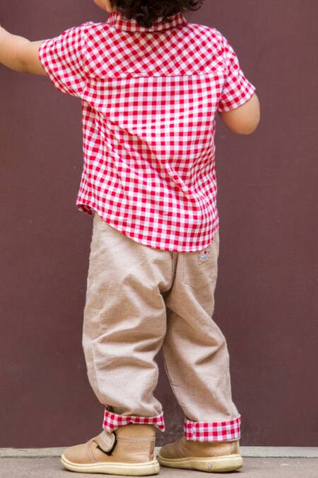 Shop_Petite Pomme_Red Cotton Embroidery Checkered Shirt And Beige Pants Set_Online_at_Aza_Fashions