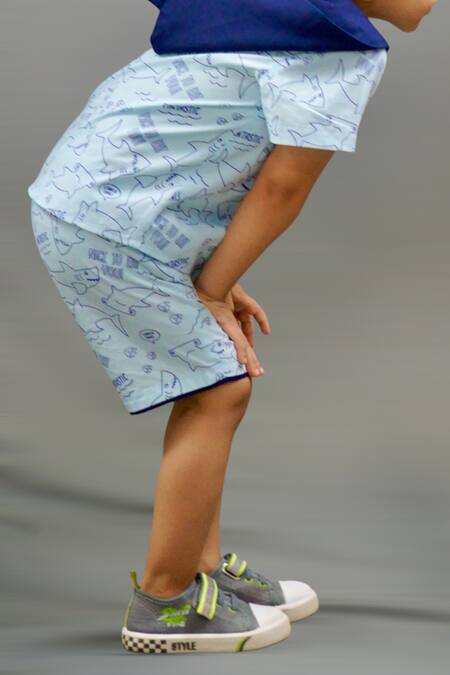Petite Pomme_Blue Cotton Shark Print Shirt And Shorts Set_Online_at_Aza_Fashions