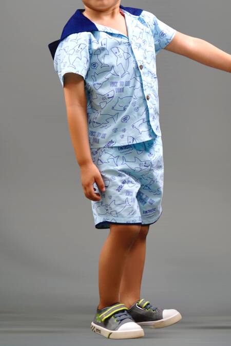 Buy_Petite Pomme_Blue Cotton Shark Print Shirt And Shorts Set_Online_at_Aza_Fashions
