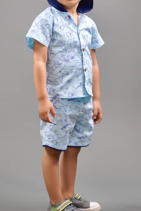 Shop_Petite Pomme_Blue Cotton Shark Print Shirt And Shorts Set_Online_at_Aza_Fashions