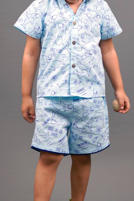 Petite Pomme_Blue Cotton Shark Print Shirt And Shorts Set_at_Aza_Fashions