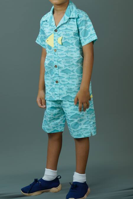 Petite Pomme_Blue Cotton Fish Print Shirt And Shorts Set_Online_at_Aza_Fashions