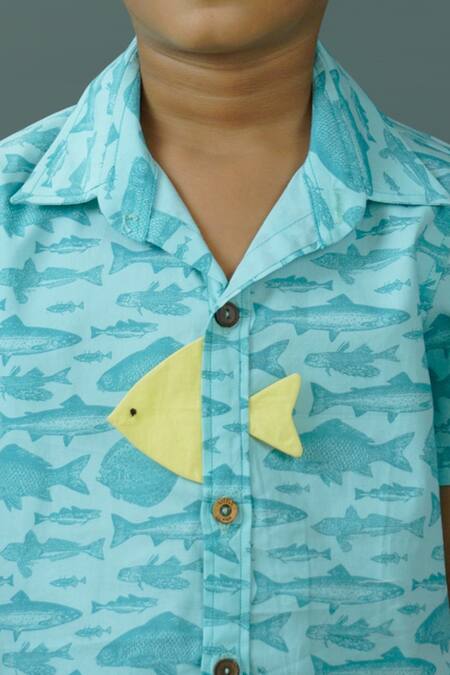Buy_Petite Pomme_Blue Cotton Fish Print Shirt And Shorts Set_Online_at_Aza_Fashions
