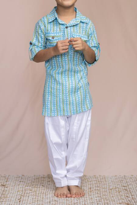 Petite Pomme_Blue Cotton Embroidery Striped Kurta Set_Online_at_Aza_Fashions