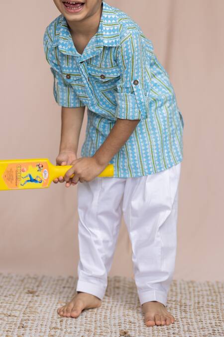 Buy_Petite Pomme_Blue Cotton Embroidery Striped Kurta Set_Online_at_Aza_Fashions