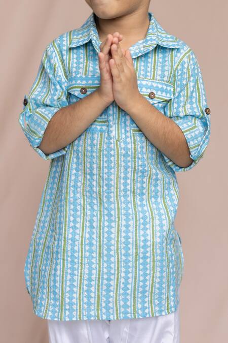 Shop_Petite Pomme_Blue Cotton Embroidery Striped Kurta Set_Online_at_Aza_Fashions